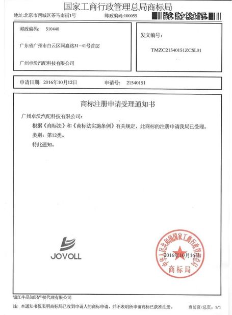 Китай Guangzhou Jovoll Auto Parts Technology Co., Ltd. Сертификаты